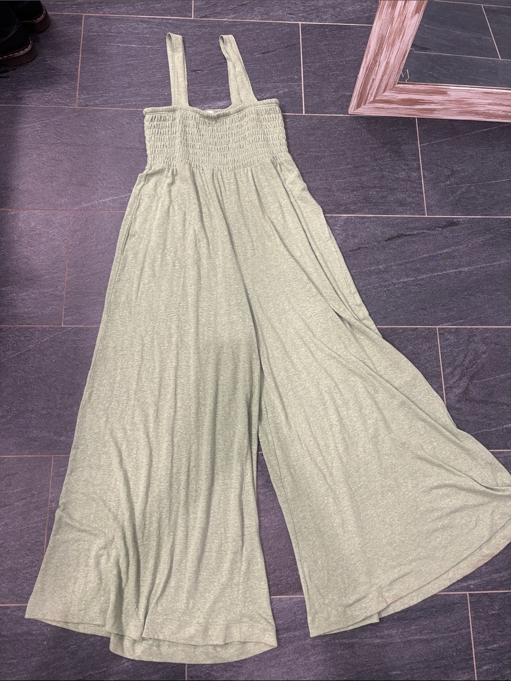 FP Beach Wide-Leg Smocked Jumpsuit in Sage Green